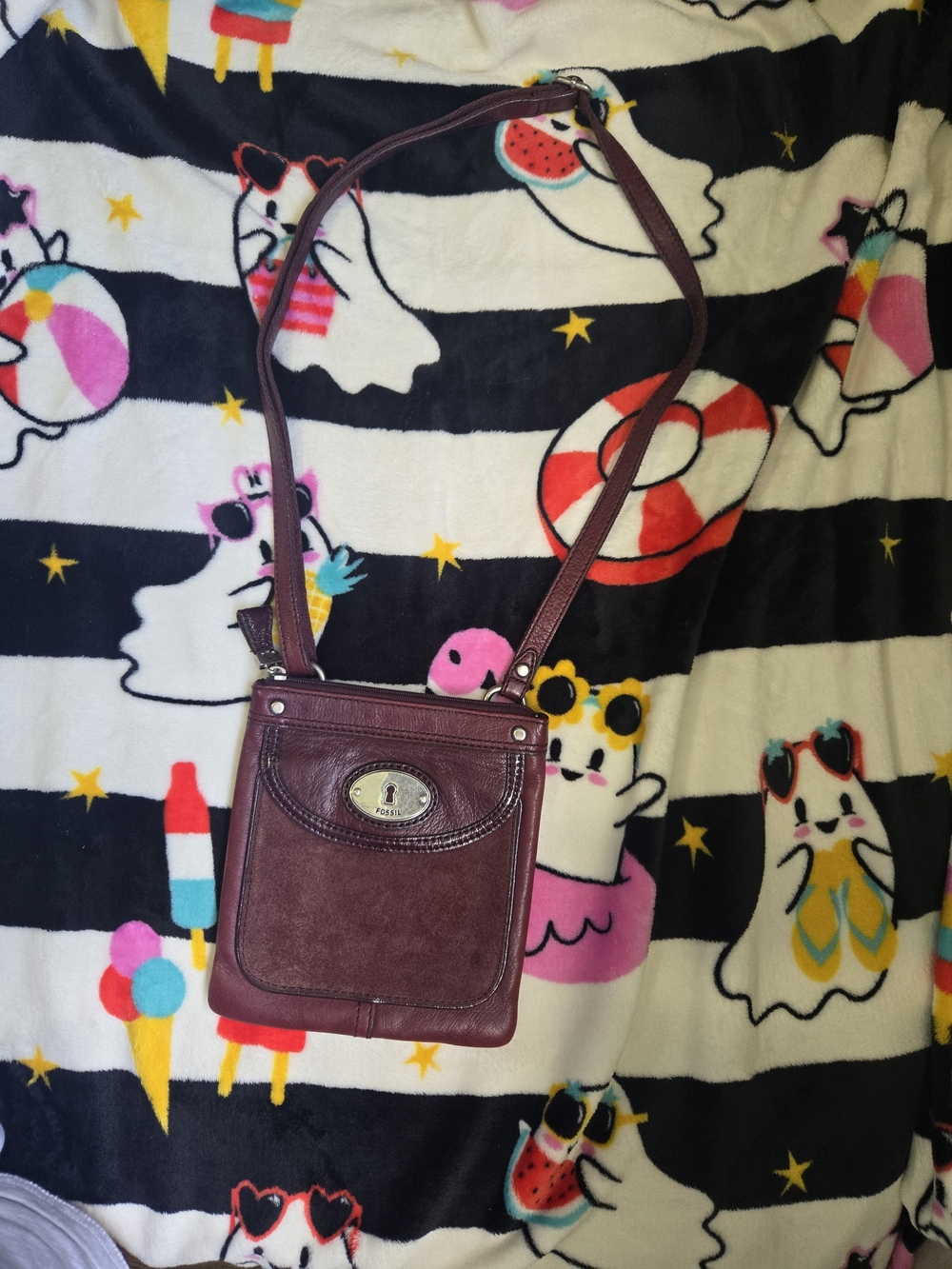 Vintage Fossil Burgundy Leather & Suede Crossbody Bag Keyhole Pouch Slim